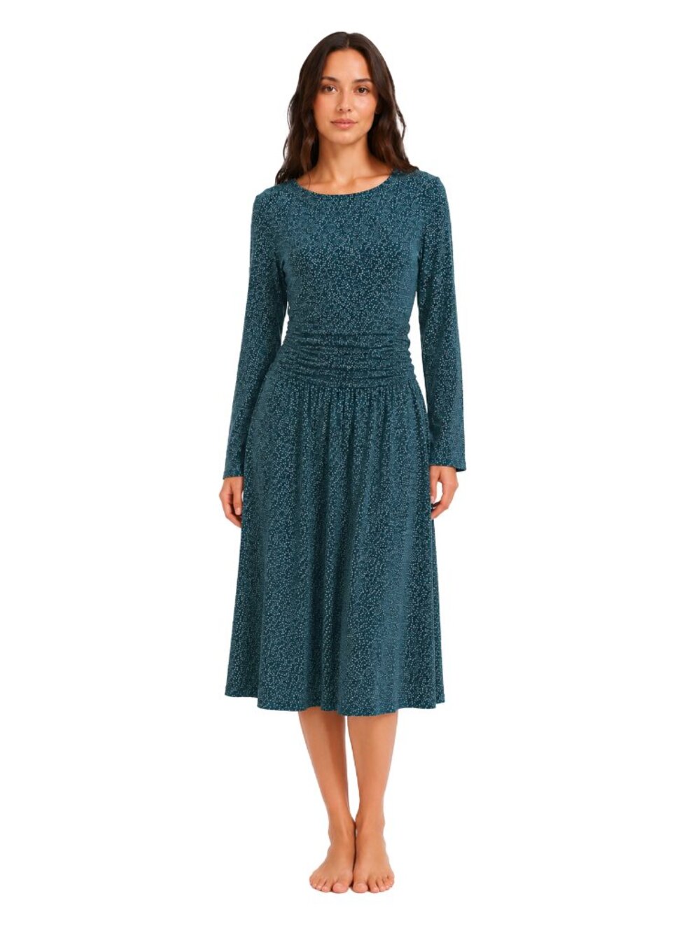 Boden Green Ditsy Print Long Sleeve Midi Dress Stretch Jersey UK12L US8L Boho